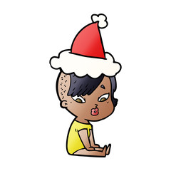 gradient cartoon of a surprised girl wearing santa hat