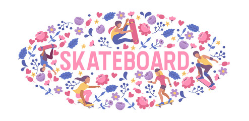 Skateboarders on skateboard vector skateboarding boy or girl characters backdrop teenager skaters jumping on board in skatepark illustration people skating background