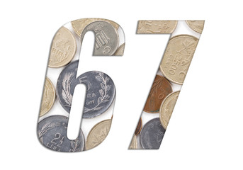Number 67 - with stack of old Turkish coins on white background