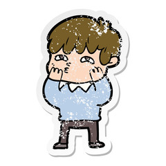 distressed sticker of a cartoon curious man
