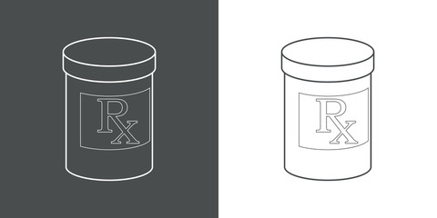 Icono plano lineal bote de medicinas en gris y blanco