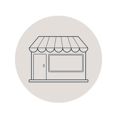 Icono plano lineal fachada de comercio en círculo color gris