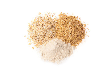 Fototapeta na wymiar Oats, rolled oats and flour isolated on white background.