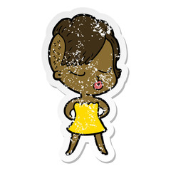 distressed sticker of a cartoon pretty hipster girl