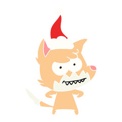 flat color illustration of a grinning fox wearing santa hat