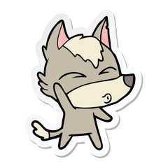 sticker of a cartoon waving wolf whistling