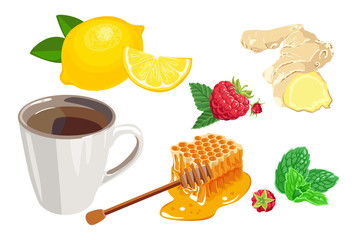  Cup of tea with lemon, ginger, raspberry, honey and mint. Vector simple illustration isolated on white background. Cartoon flat icon.