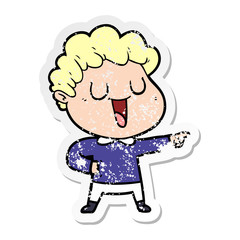 distressed sticker of a laughing cartoon man pointing