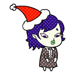 cute comic book style illustration of a vampire girl wearing santa hat
