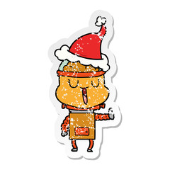 happy distressed sticker cartoon of a robot wearing santa hat