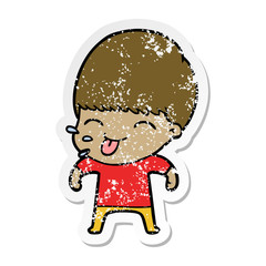 distressed sticker of a funny cartoon boy