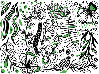 Collection of hand drawn manual flowers and plants. Monochrome vector illustrations in sketch style. Stylization fantasy
