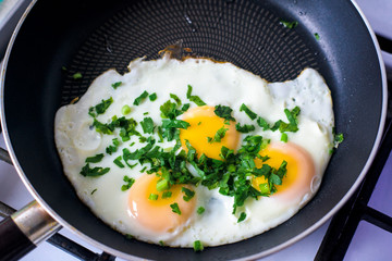 omelet of three eggs in a frying pan, sprinkled with spices and parsley and onions, finely chopped