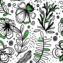Seamless pattern of hand drawn manual flowers and plants. Monochrome vector illustrations in sketch style. Stylization fantasy