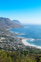 Aerial view of camps bay and table mountain seen from the Lion's Head peak lookout point
