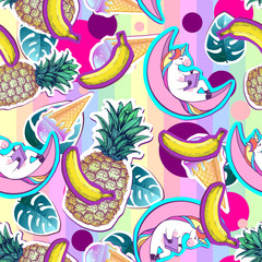 Obraz premium Summer seamless pattern with unicorn and pineapple. Zine Culture style summer cut out background