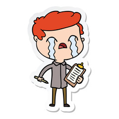 sticker of a cartoon salesman crying