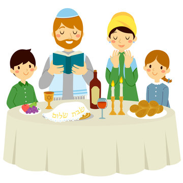 Jewish family having a Shabbat dinner with a traditional Kiddush