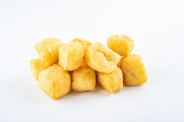 Golden oil tofu on white background