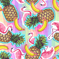 Summer seamless bright pattern with flamingo and pineapple. Zine Culture style summer background © annbozhko