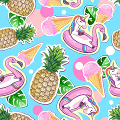 Summer seamless pattern with unicorn and pineapple. Zine Culture style summer cut out background