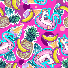 Summer seamless pattern with unicorn and pineapple. Zine Culture style summer cut out background