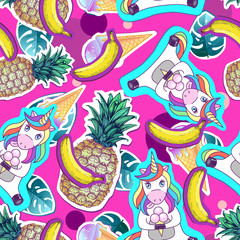 Summer seamless pattern with unicorn and pineapple. Zine Culture style summer cut out background