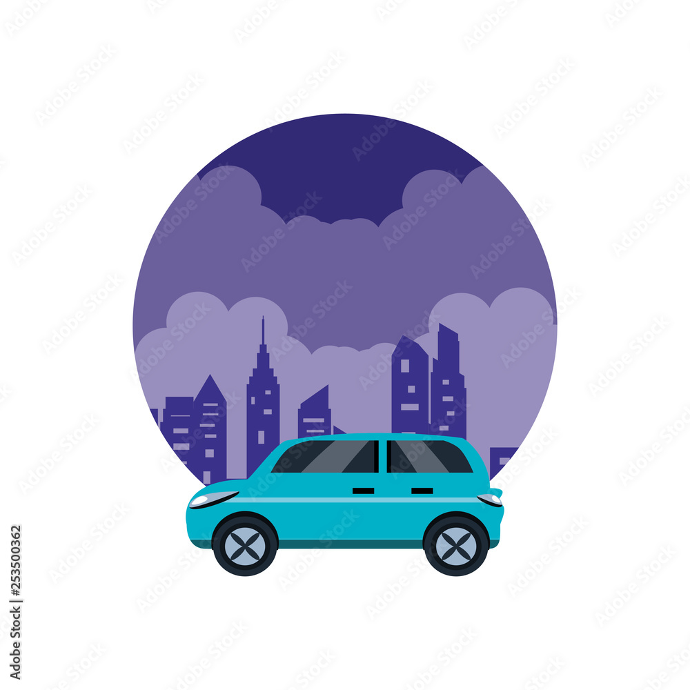 Poster car sedan in cityscape in frame circular