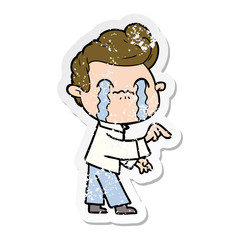 distressed sticker of a cartoon man crying