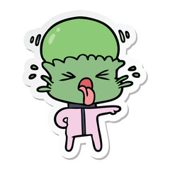 sticker of a weird cartoon alien pointing