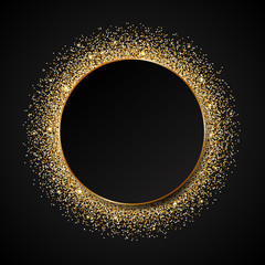 Vector template with golden sparkle glitter. Shining gold circle frame on black background - 253500908