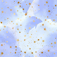 Fototapety  Bezszwowy wzór błękitnego nieba z konstelacjami złotej folii, gwiazdami i akwarelowymi chmurami