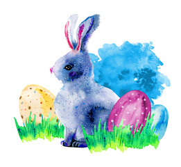Easter bunny in grass with painted easter eggs. Hand drawn carto