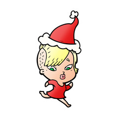 gradient cartoon of a surprised girl wearing santa hat