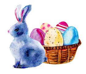 Easter bunny and painted Easter eggs in a wooden basket. Hand drawn watercolor illustration