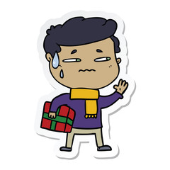 Obraz premium sticker of a cartoon anxious man with christmas gift