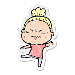 distressed sticker of a cartoon annoyed old lady