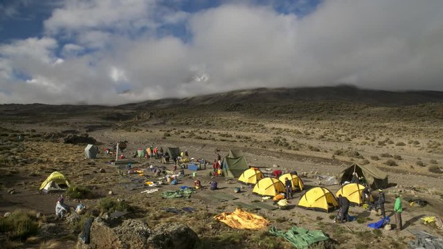 Timelapse of Third Cave Camp Setting Up Camp under Mount Kilimanjaro, Tanzania