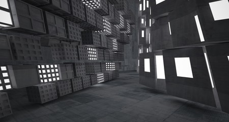 Abstract  concrete parametric interior with neon lighting. 3D illustration and rendering.