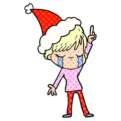 comic book style illustration of a woman crying wearing santa hat