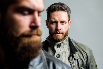 Friendship trust and support. Trustful relations. Feel support of real friend. Man bearded guy...