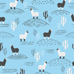 Seamless vector pattern with cute llama and cactus. Trendy print. © Afanasia