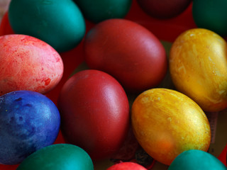 Fototapeta na wymiar Traditional Easter painted color eggs, spring Christian holiday , selective focus