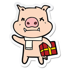 sticker of a angry cartoon pig with christmas gift