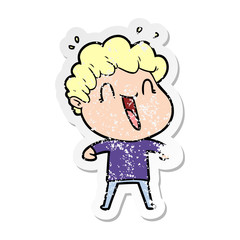 distressed sticker of a cartoon happy man laughing