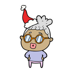 line drawing of a librarian woman wearing spectacles wearing santa hat