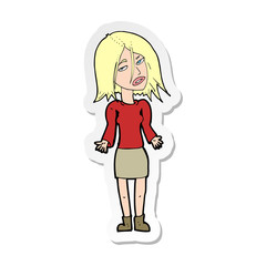 sticker of a cartoon woman shrugging shoulders