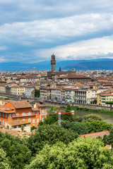 Panaromic view of Florence townscape cityscape viewed from Piazzale Michelangelo (Michelangelo Square) with Palazzo Vecchio