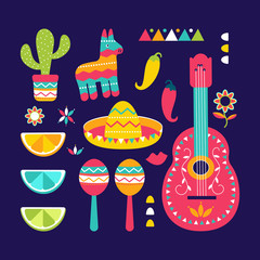 Cinco de Mayo festival in Mexico icon set. Set of traditional ethnic symbols for Mexican parade with maracas, pinata, fruits, sombrero, guitar, cactus flower
