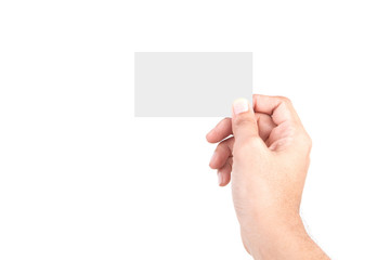 Male Caucasian hand gestures isolated over the white background. HAND Holding CARD.